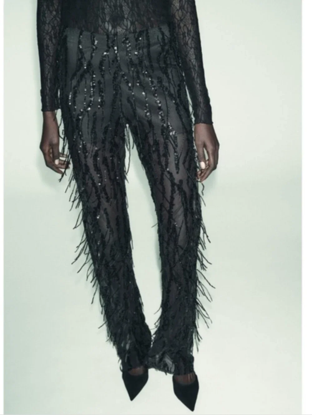 Zara SEQUIN FRINGED FLARE PANTS LEGGINGS BLACK SIZE L